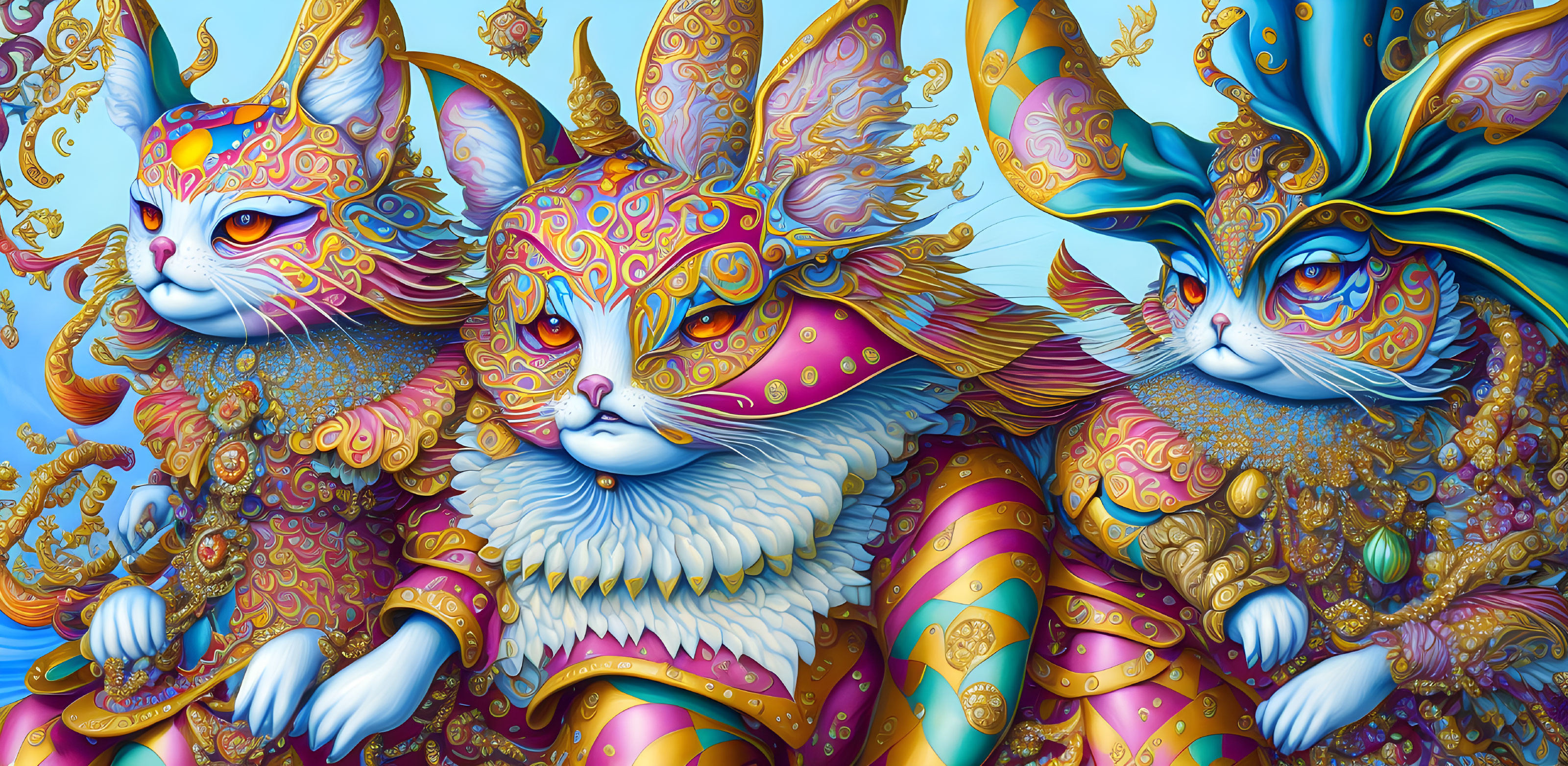 Ornately Decorated Mystical Cat Creatures in Regal Attire