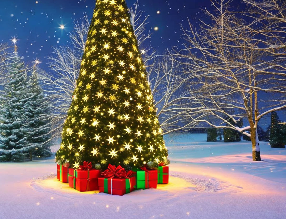 Brightly Lit Christmas Tree with Star-Shaped Lights in Snowy Night