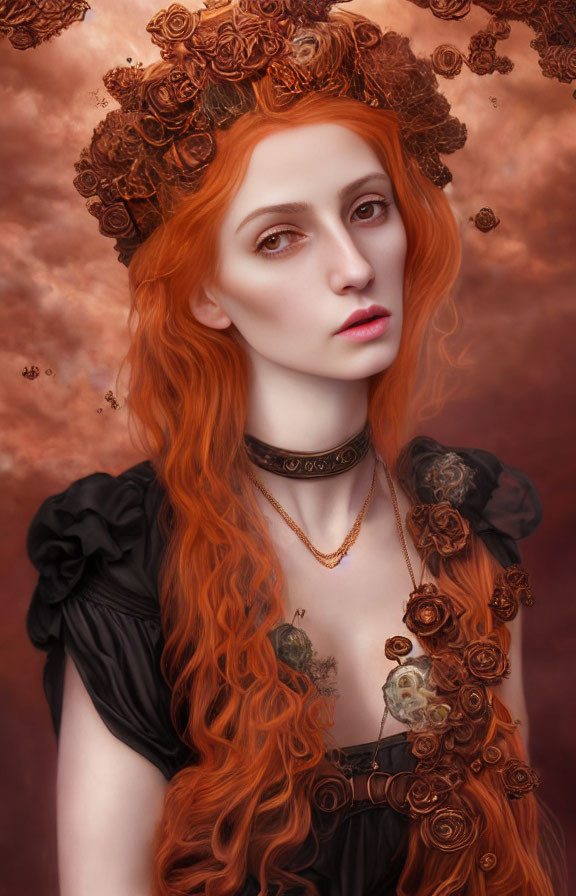 Portrait of Woman with Red Hair, Clockwork Headdress and Bee Necklace