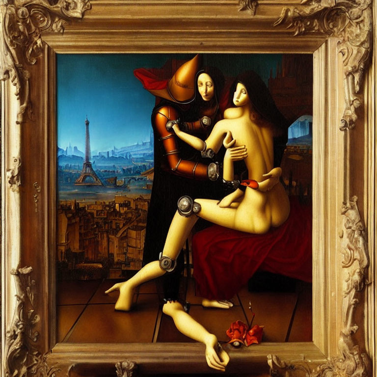 Surreal painting: Robotic knight with nude female, Eiffel Tower backdrop, framed,