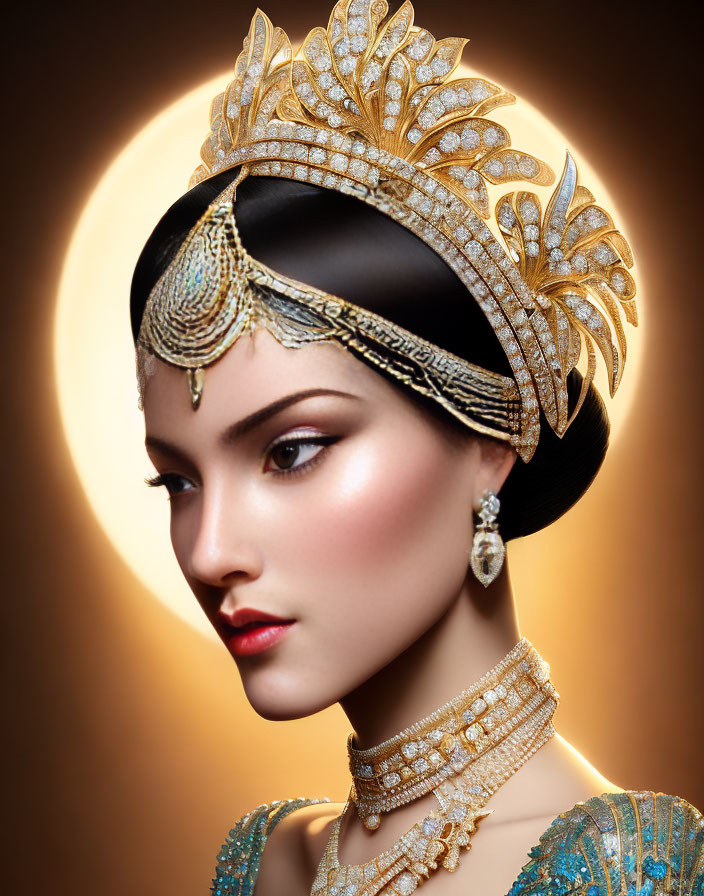 Elegant woman in golden headdress and jewelry on warm backdrop