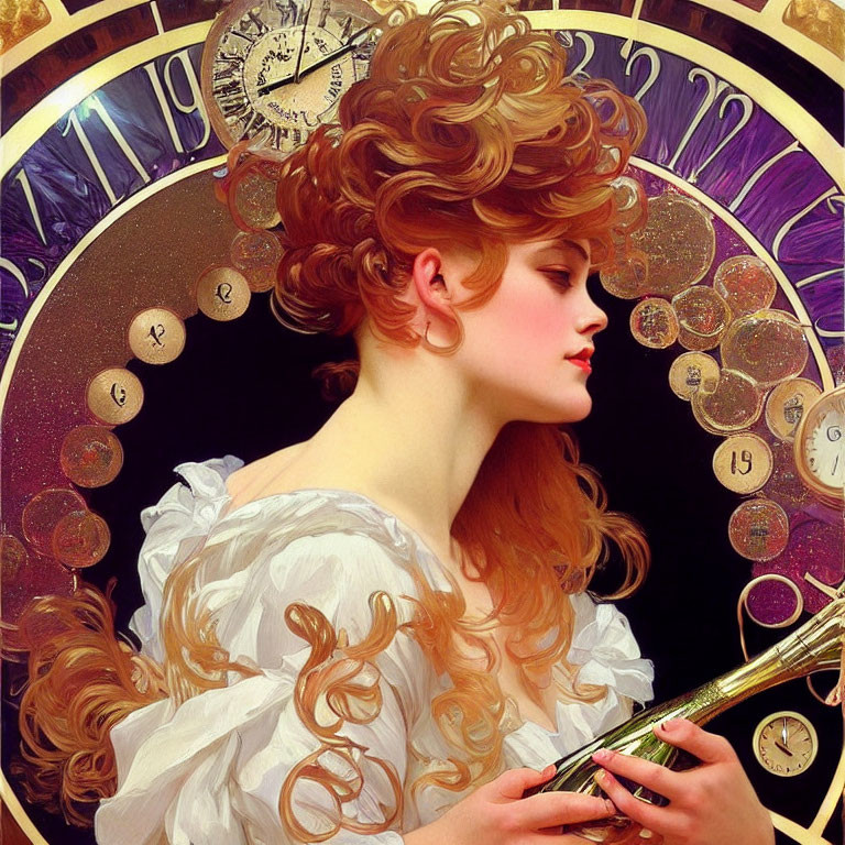 Woman with flowing red hair holding golden instrument against clock backdrop.