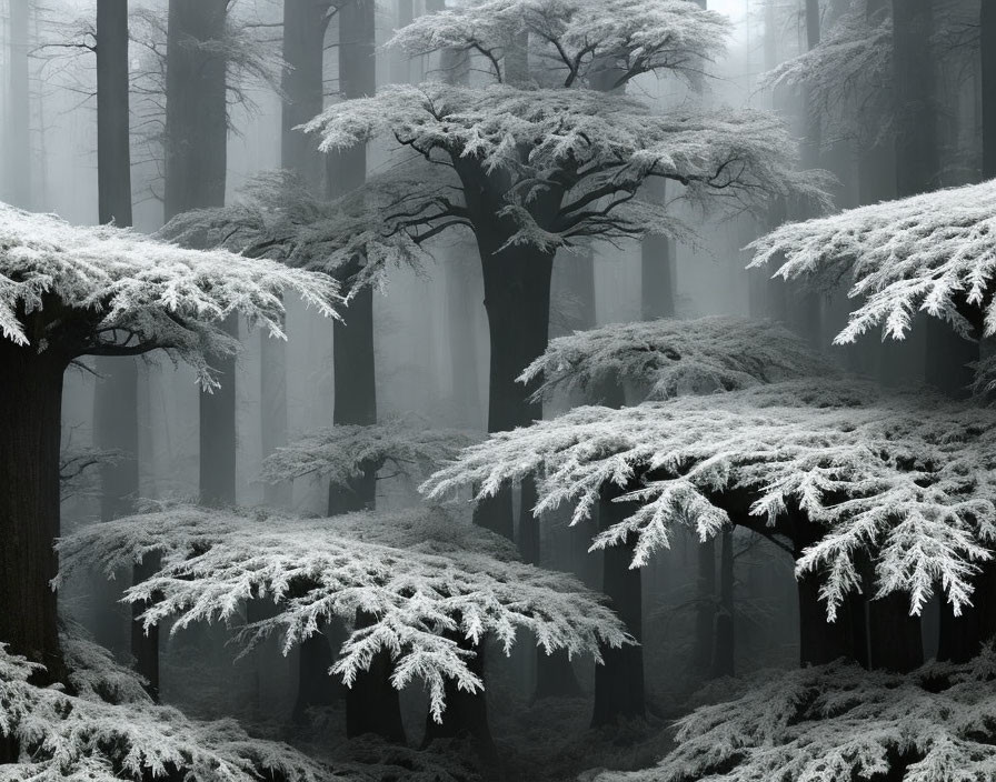 Frost-covered trees in a misty forest landscape