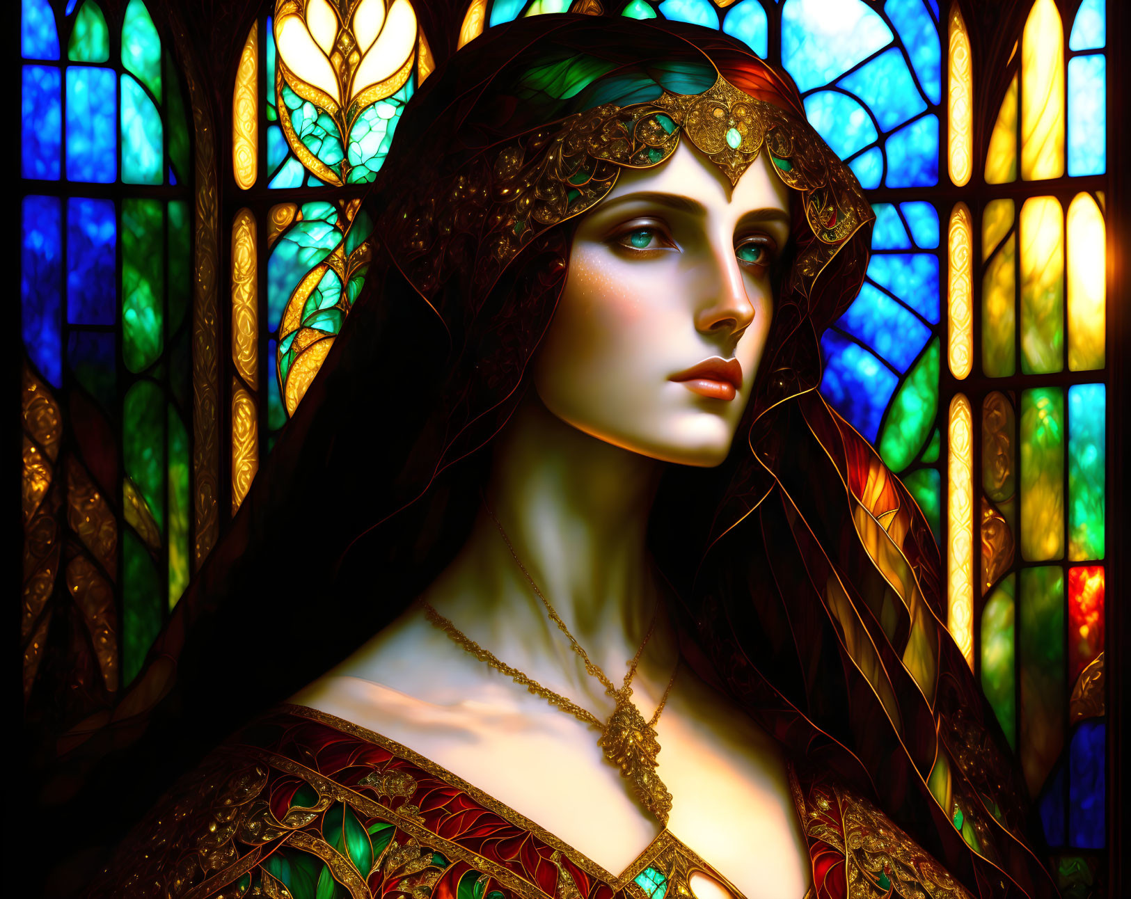 Intricate jewelry woman portrait against vibrant stained glass background