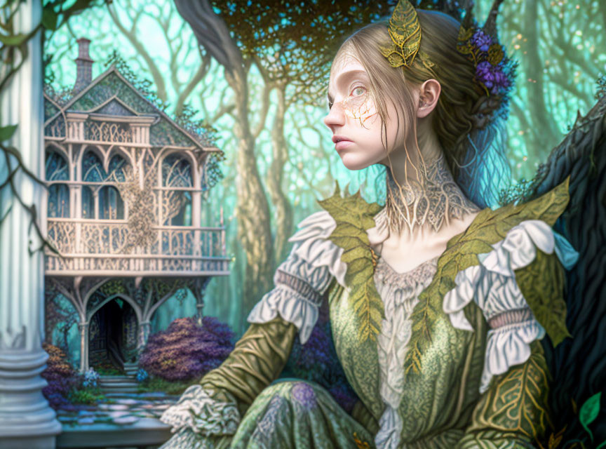 Fantasy illustration of pensive woman in green outfit in enchanting forest