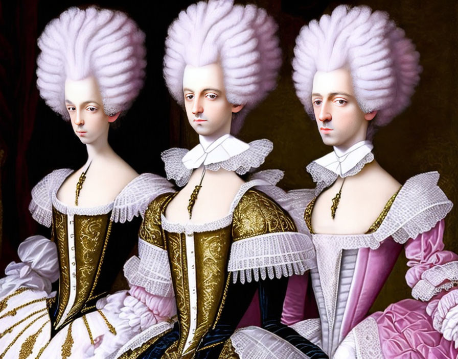 Three individuals in elaborate 18th-century attire with white powdered wigs and ruffled collars