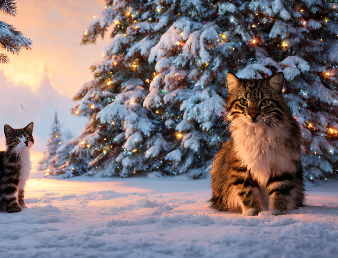 Two Cats in Snow with Christmas Tree in Twilight