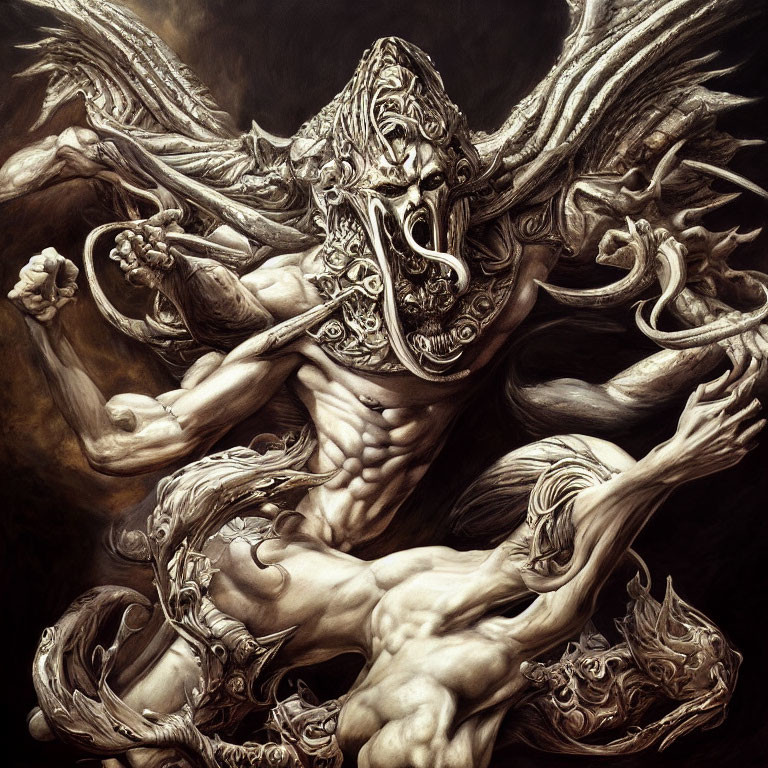 Detailed Artwork: Muscular Figure with Dragon Mask & Serpentine Arms