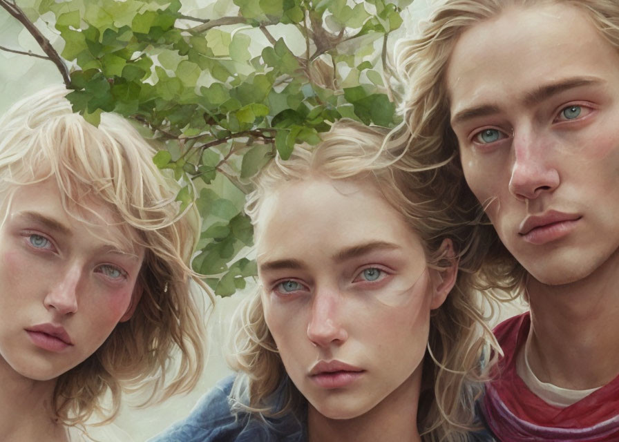 Realistic digital painting of three individuals with blue eyes and blonde curly hair