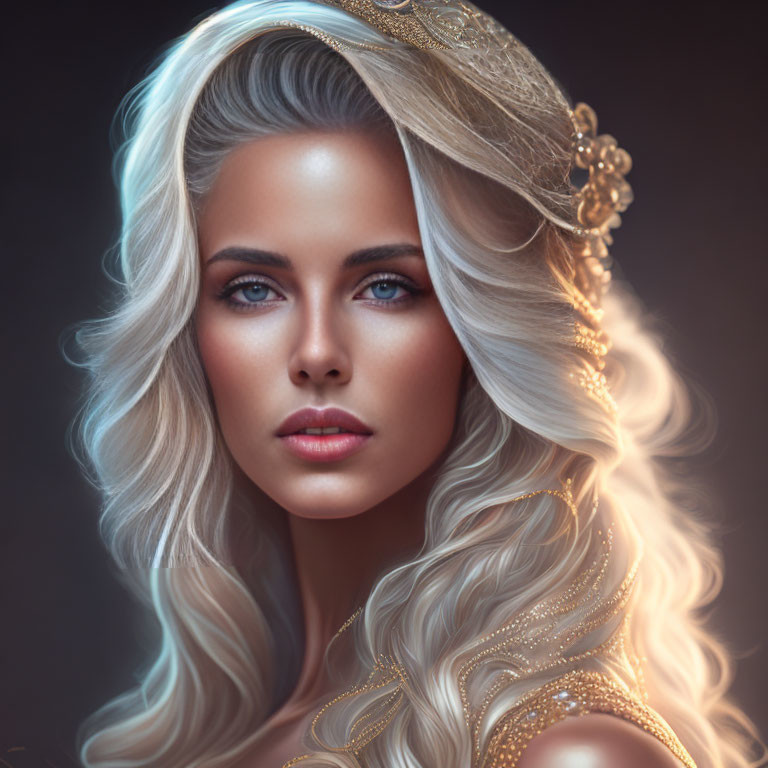 Blonde woman with blue eyes and golden crown in digital portrait