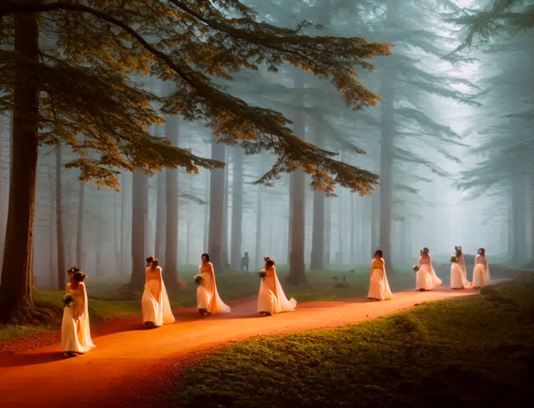 People in White Dresses Walking on Misty Tree-Lined Path