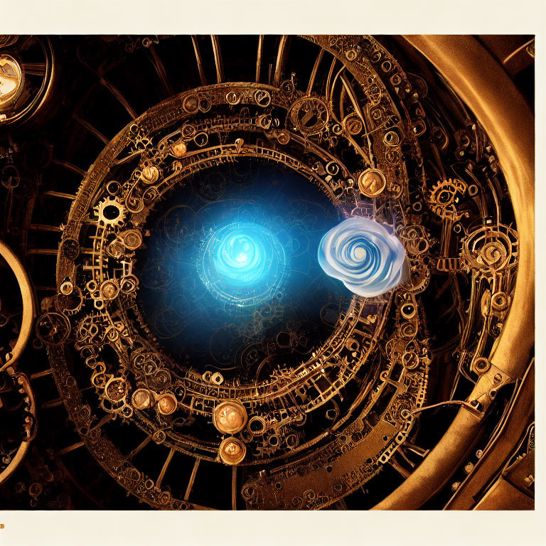 Steampunk mechanism with gears and energy vortex on dark background