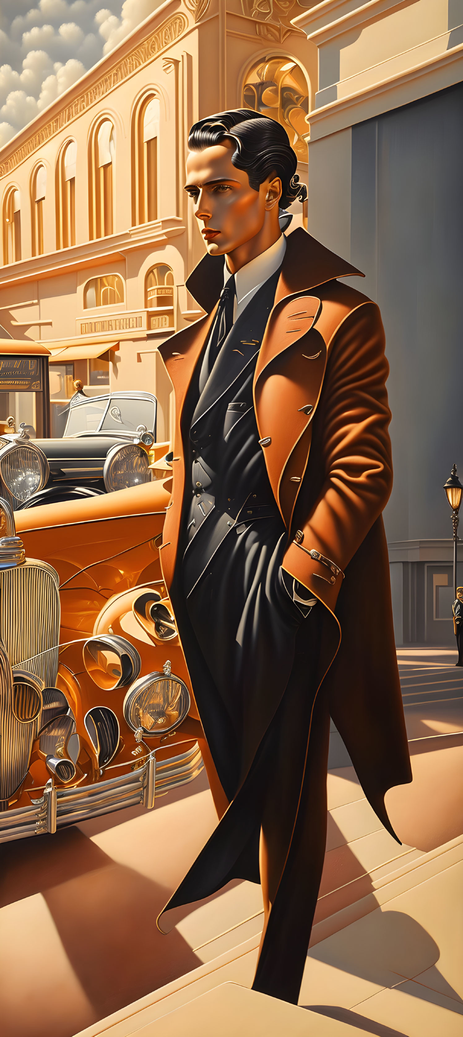 Sophisticated individual in brown overcoat and suit near classic car and opulent buildings.