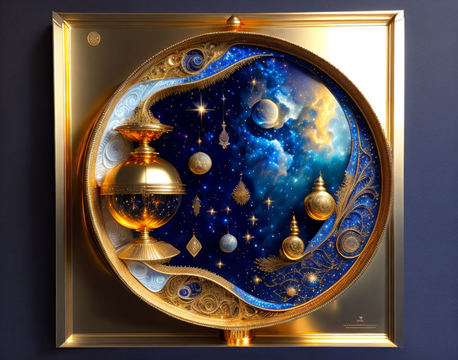 Gold-Framed Cosmic Artwork with Celestial Scene