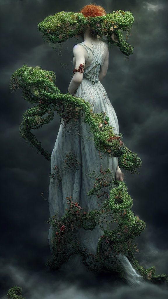 Woman with green vine dress against moody background