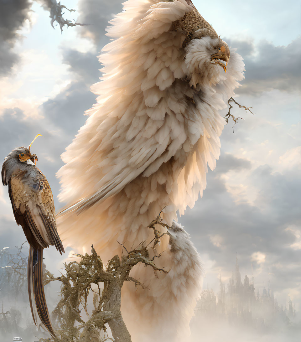 Majestic griffin and bird on tree in misty landscape