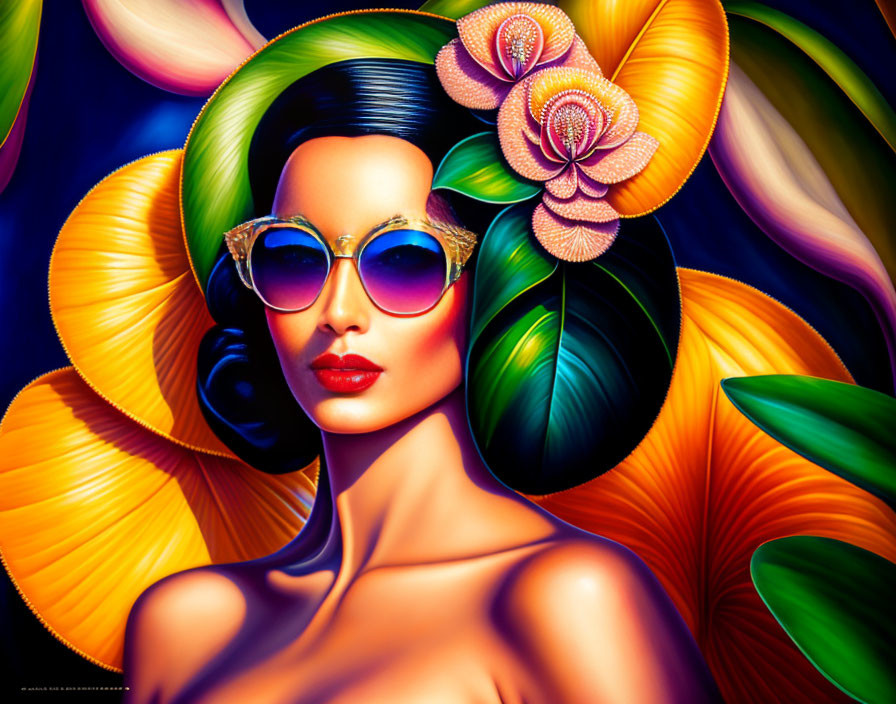 Colorful Digital Artwork: Woman with Stylized Hair and Ornate Sunglasses