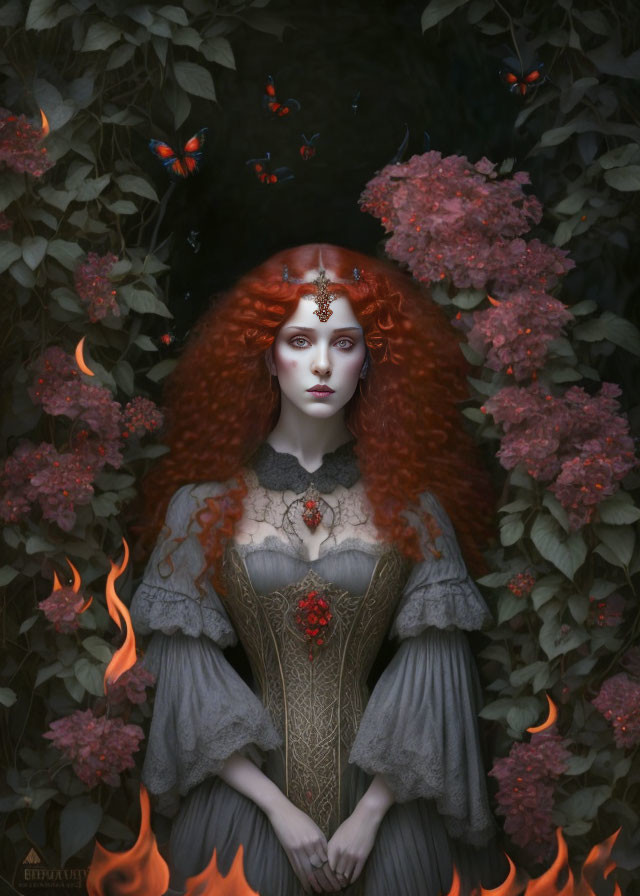 Fiery red-haired woman with jeweled headpiece in dark foliage surrounded by flames, flowers, and