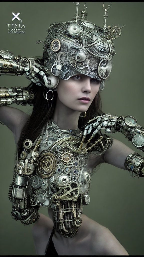 Steampunk-themed woman with mechanical parts and cogs for clothing.