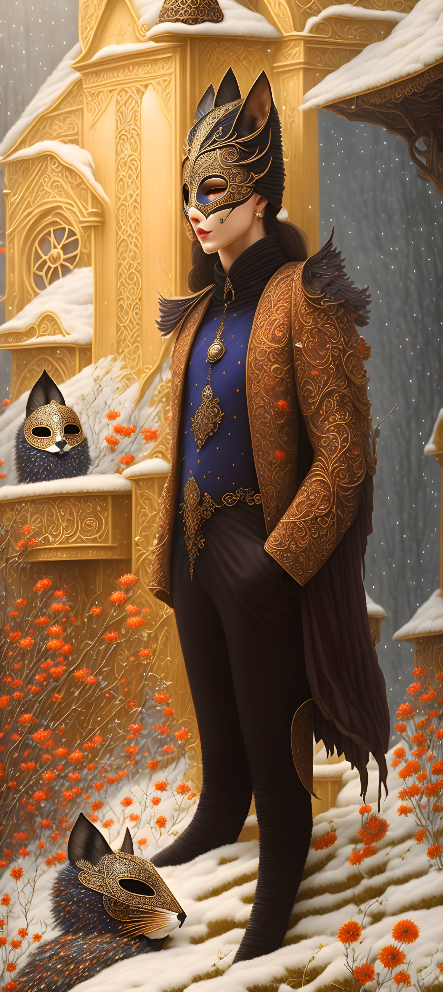 Person in Cat-like Mask in Ornate Attire by Golden Door with Snowflakes and Orange Flowers