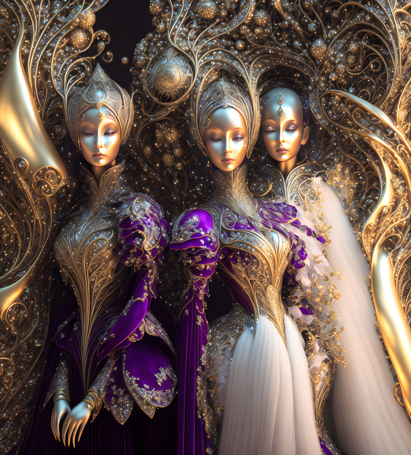 Ornate metallic figures with golden designs and purple orb