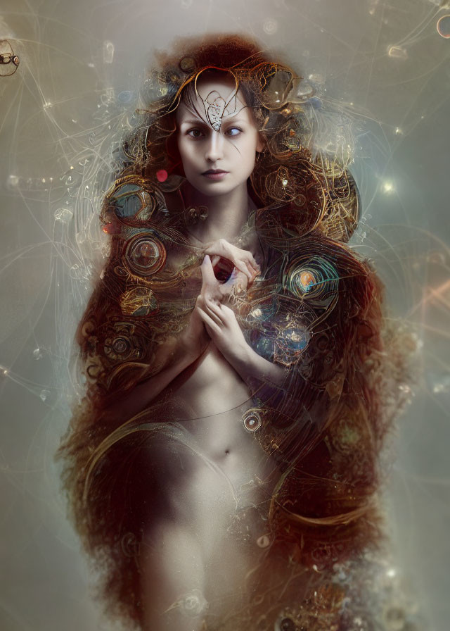 Ethereal portrait with ornate metallic designs and elaborate headpiece