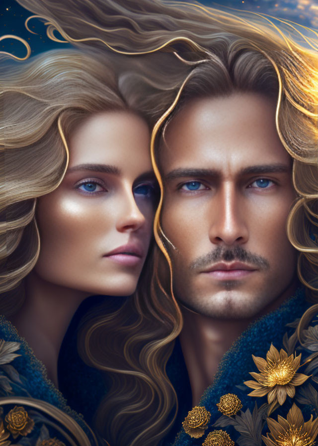 Digital art portrait of man and woman with golden hair and blue eyes, adorned with ornate gold patterns