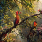 Vibrant Birds with Long Beaks in Lush Forest Setting