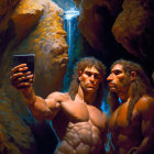 Realistic Neanderthals posing with modern smartphone in cave setting