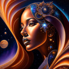 Digital Art: Woman with Cosmic Headdress & Space Elements