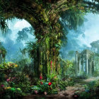 Tropical Forest with Dense Vegetation and Vibrant Flora