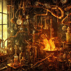 Female anime character surrounded by copper pipes and machinery with flames in the background