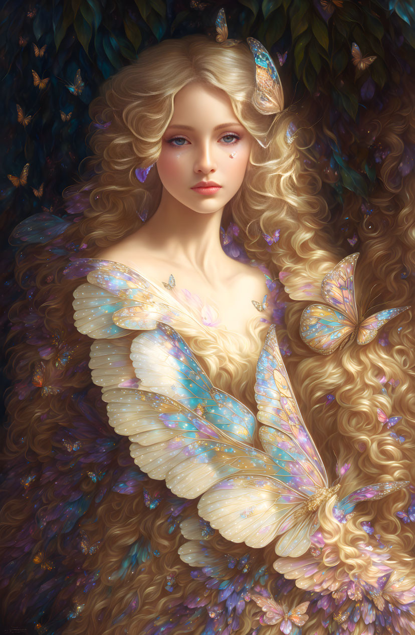 Detailed Illustration: Woman with Butterfly Wings and Ethereal Glow