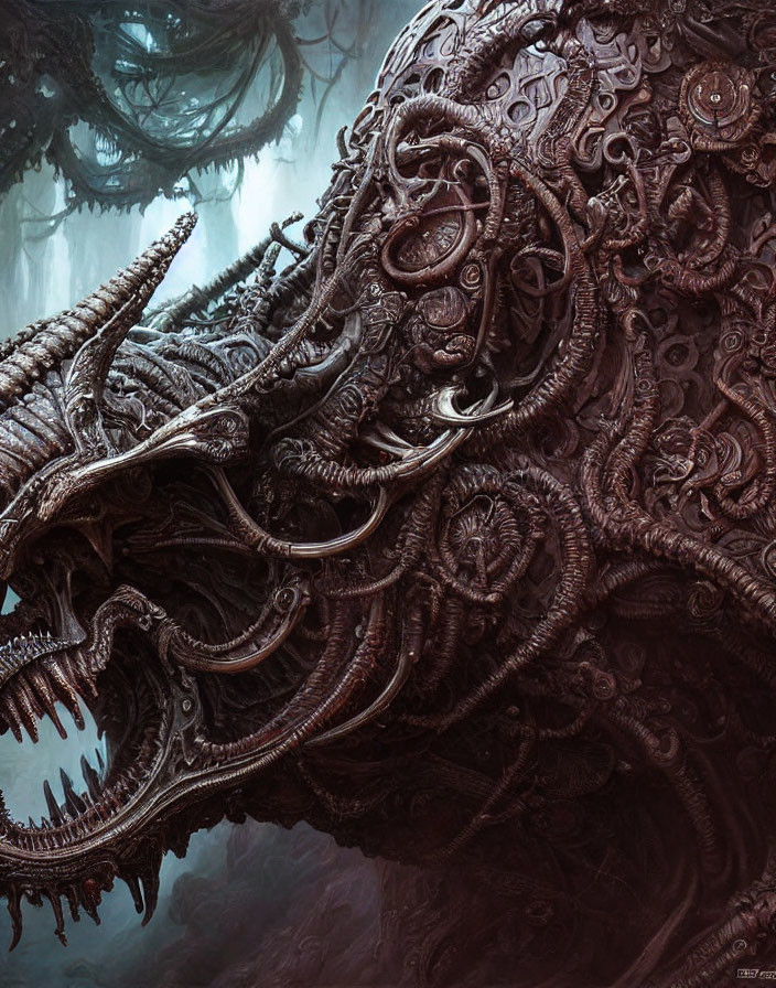 Intricate fantastical creature with carvings, tentacles, and tusks in misty