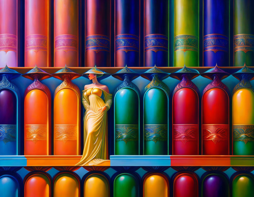 Stylized artwork of woman in golden dress amid vibrant columns