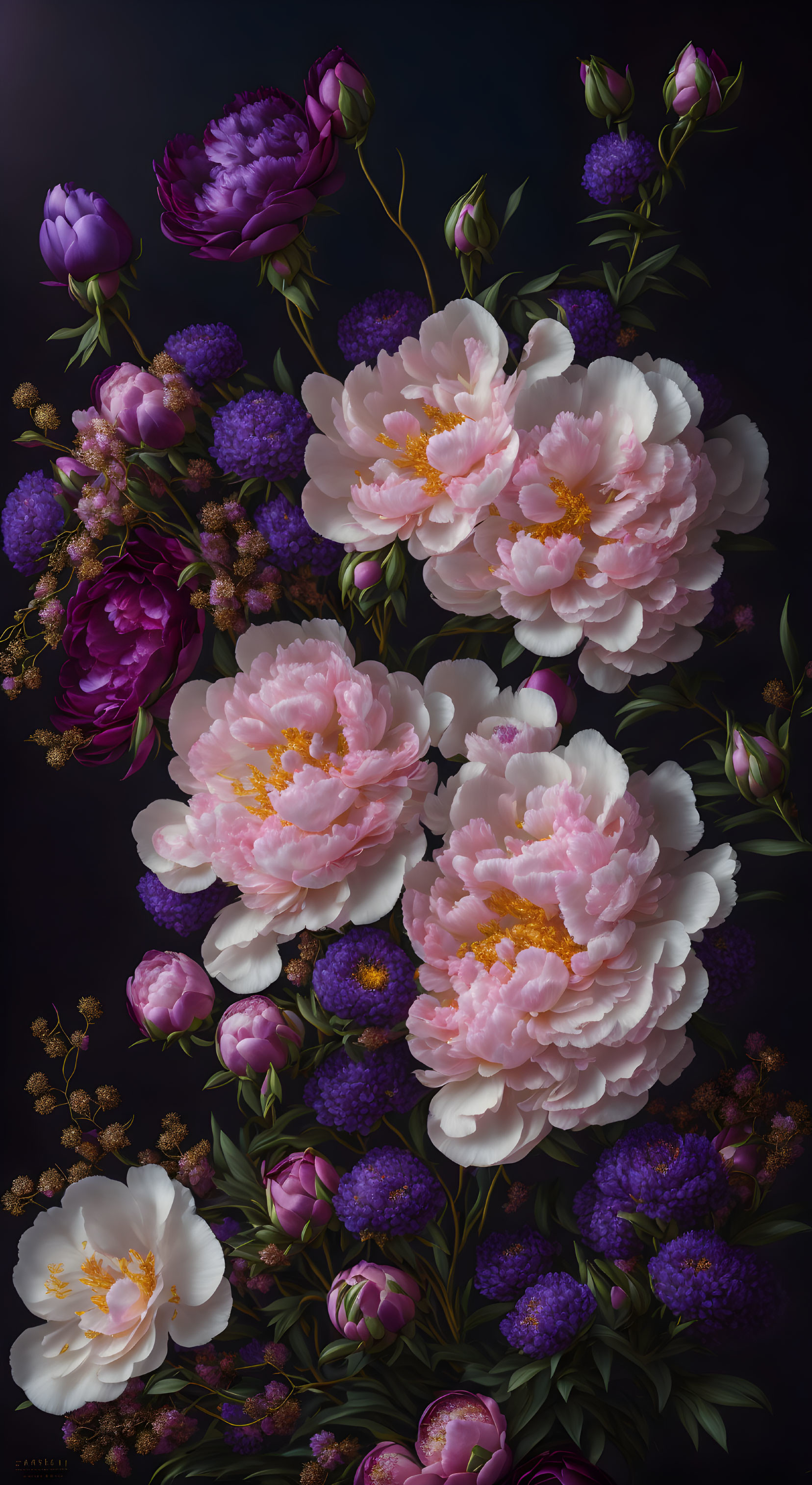 Pink peonies and purple blossoms in elegant floral arrangement