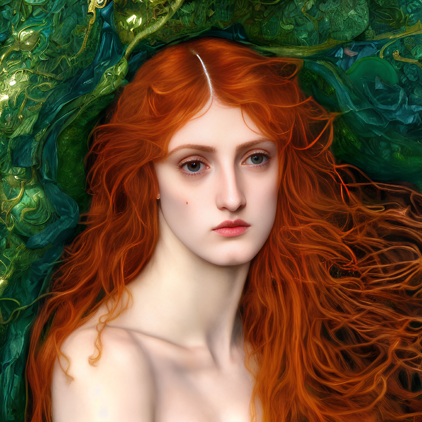 Woman with Red Hair and Blue Eyes in Greenery Portrait