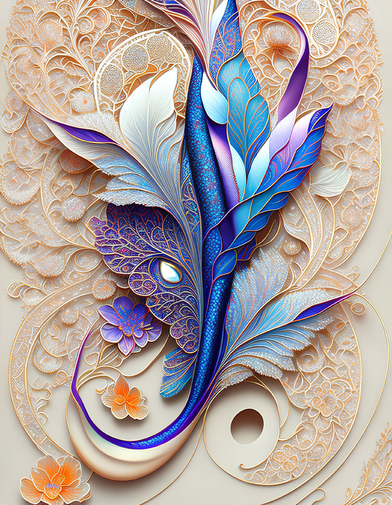 Stylized peacock artwork with blue, gold, and white palette