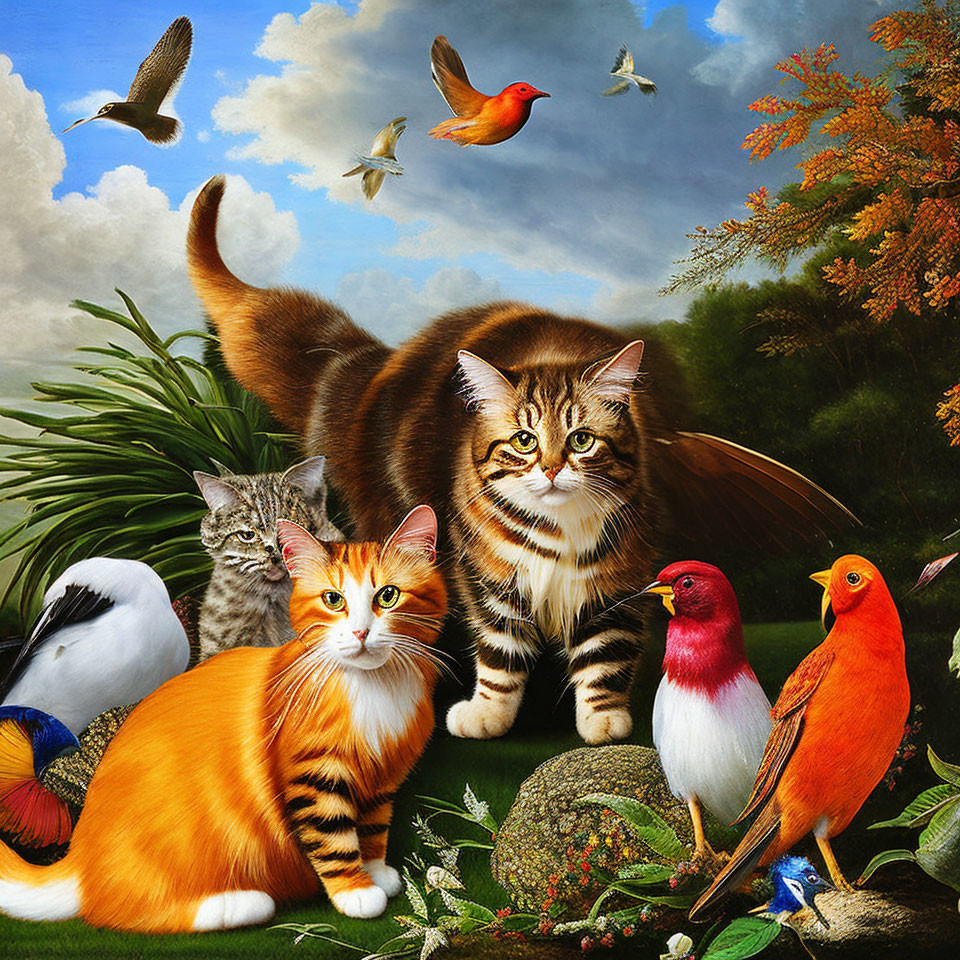 Colorful Birds and Cats in Lush Greenery Scene