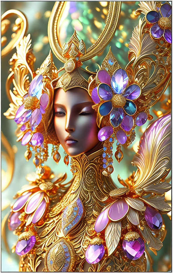 Intricate Golden Attire and Gemstones on Regal Figure