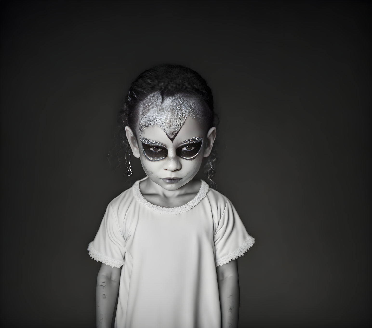 Child with mask-like face paint in solemn expression on dark background