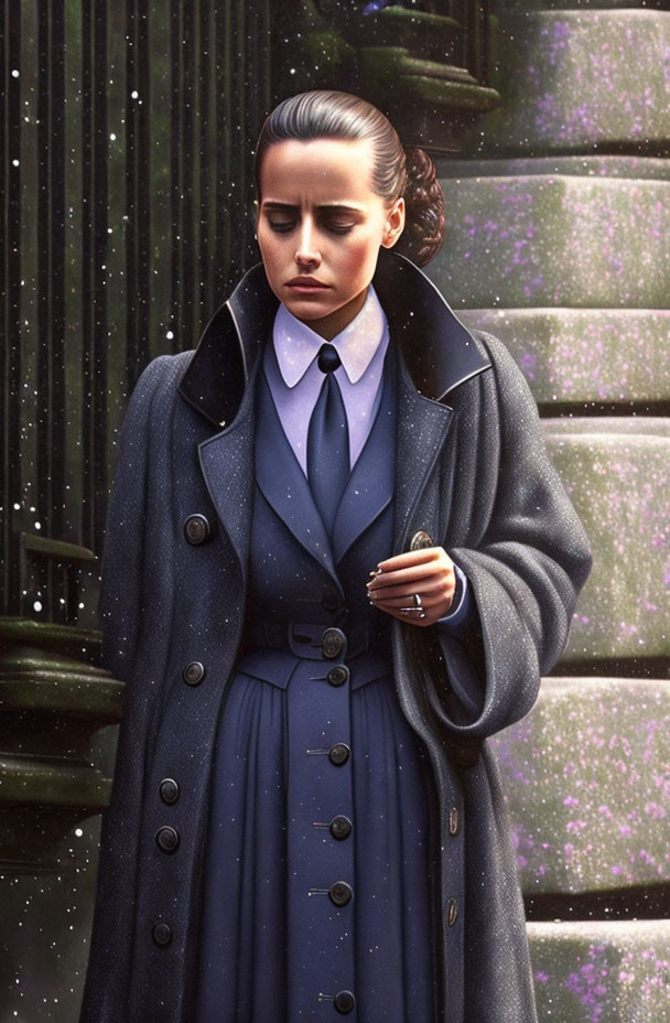 Vintage Blue Coat Woman Standing with Snowflakes Falling in Front of Greenish Doors