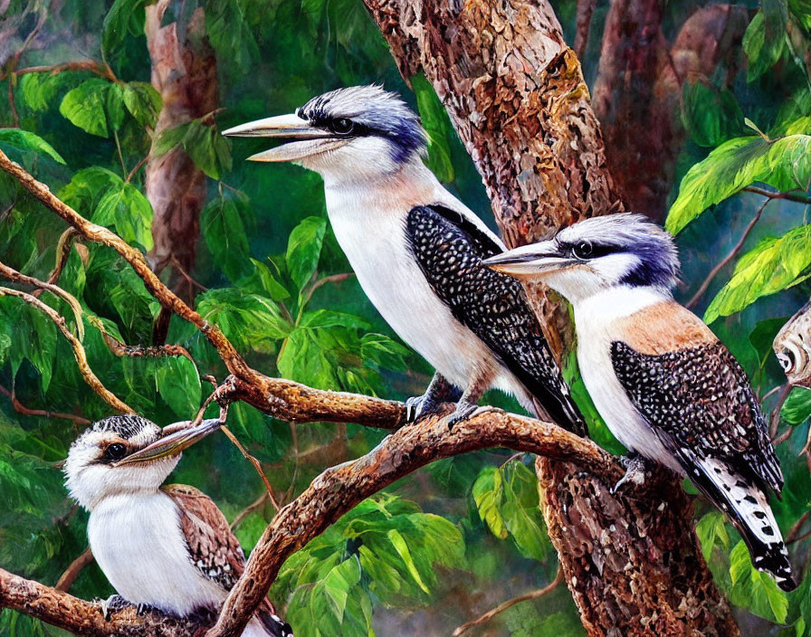 Three kookaburras perched on tree branch with detailed feathers and bright eyes