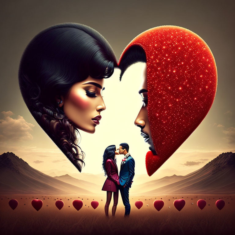 Surreal desert landscape with embracing couple and heart-shaped silhouettes