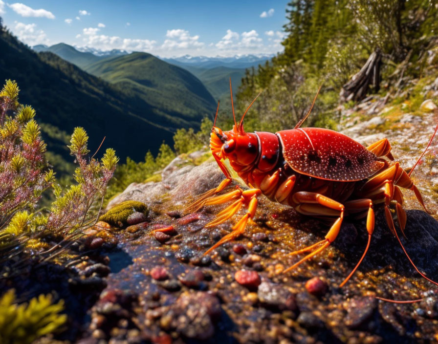 Red Grasshopper on Rocky Surface with Green Mountains and Blue Sky