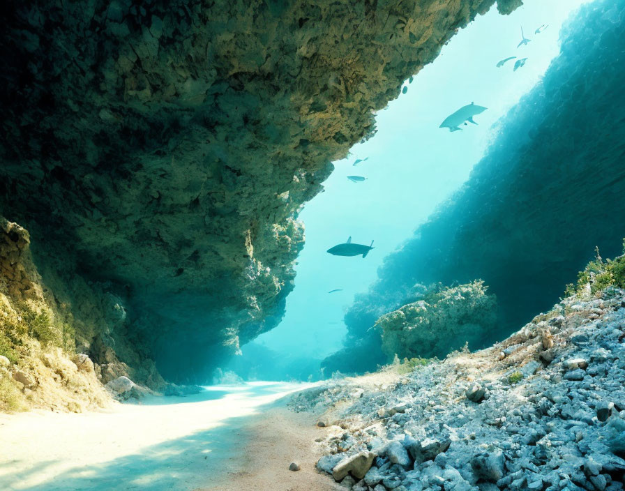 Sunlit underwater cave with fish swimming above rocky sea floor