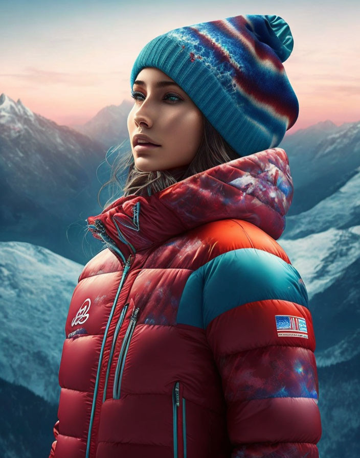 Woman in Colorful Puffer Jacket and Blue Beanie Against Snowy Mountain Twilight