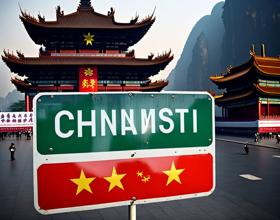 Damaged Road Sign in Front of Chinese Buildings and Mountains