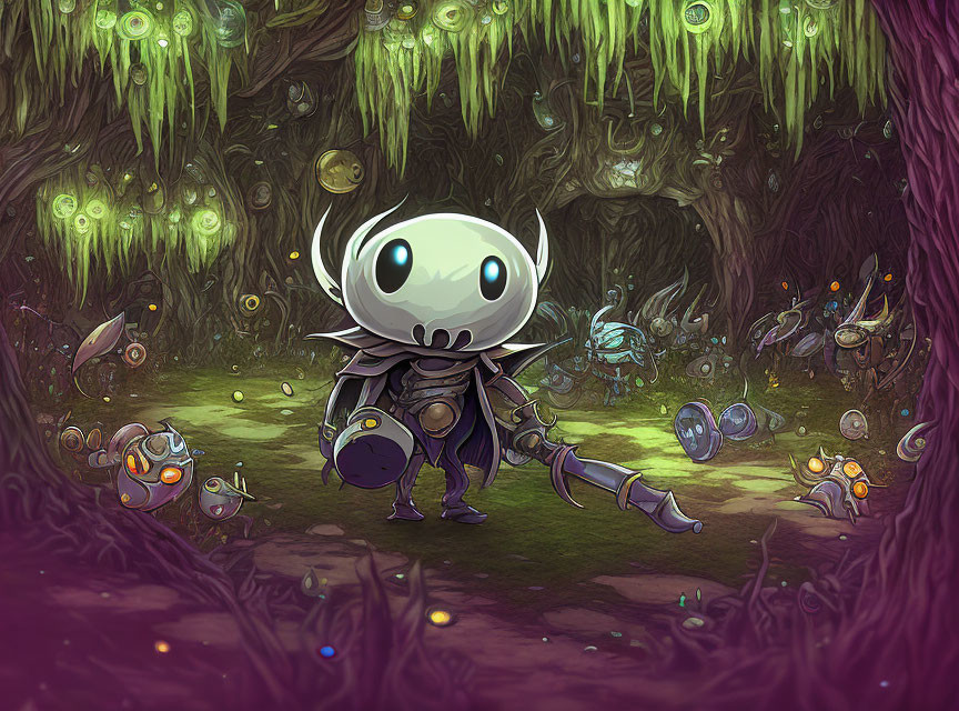 Armored character with large-eyed helmet in mystical forest with creatures