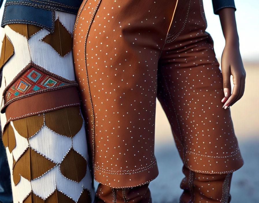 Two people in patterned geometric and studded brown pants standing together